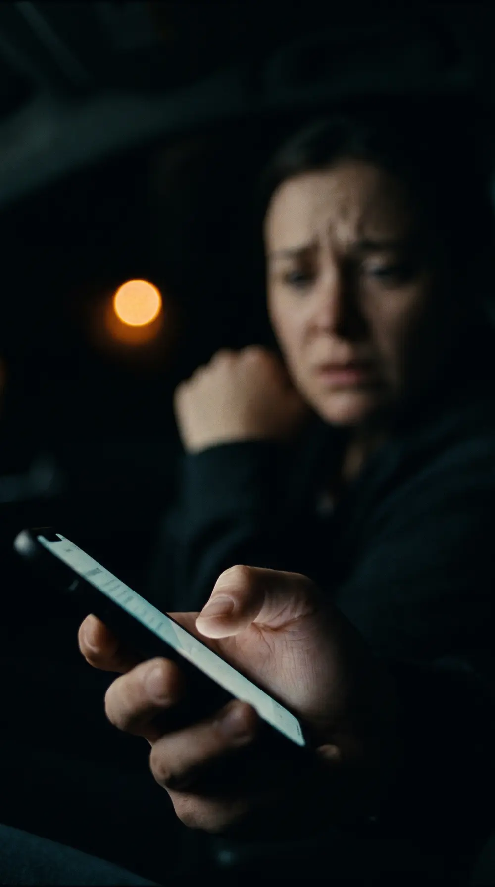 Une cliente cherche un professionnel en urgence sur son téléphone, de nuit
